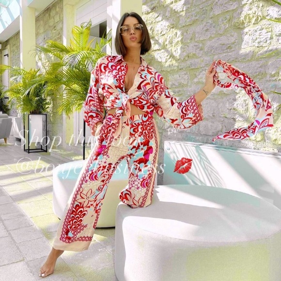 ZARA BNWT Flowy Printed Shirt and Scarf + Pants 3pc Coord Set - Picture 1 of 7